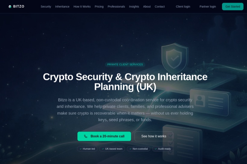 Bitzo website — Crypto security & inheritance planning.