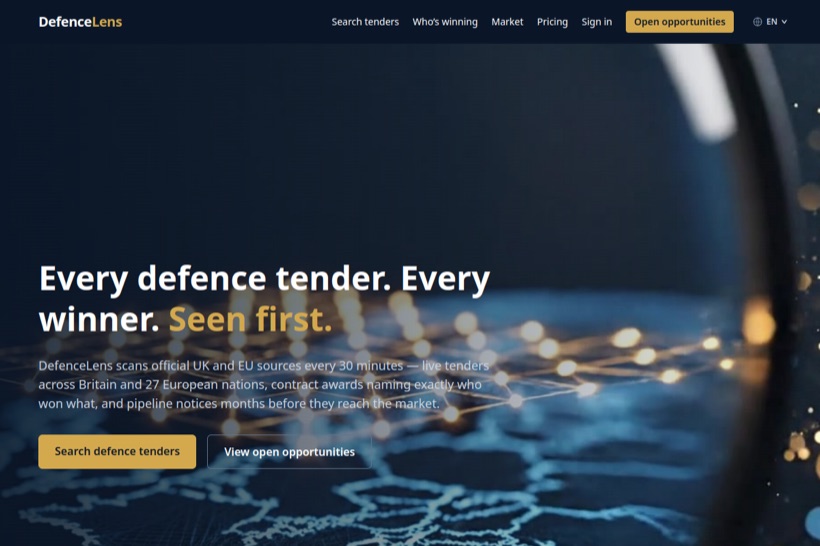 DefenceLens website — Every defence tender. Every winner.