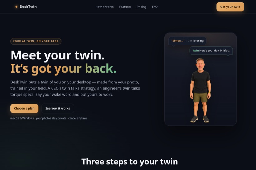 DeskTwin website — Your AI twin, on your desk.